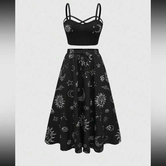 Plus Size Black Goth Galaxy Women's Tank Top And Elastic Waist Midi Skirt Set - Picture 1 of 9
